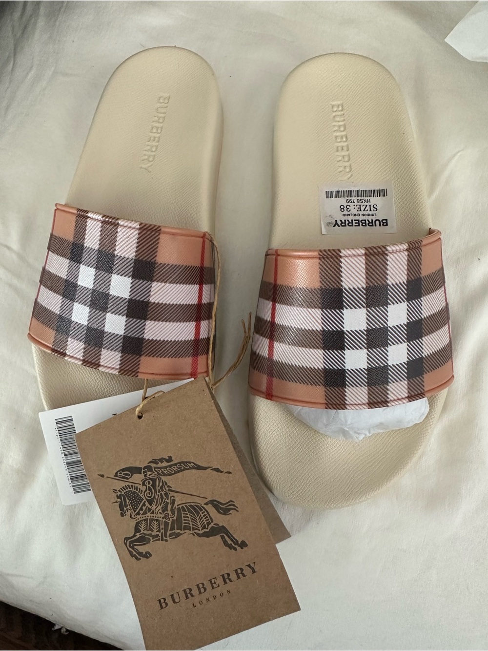 Burberry Cream Slide Sandals with Tan Check Strap